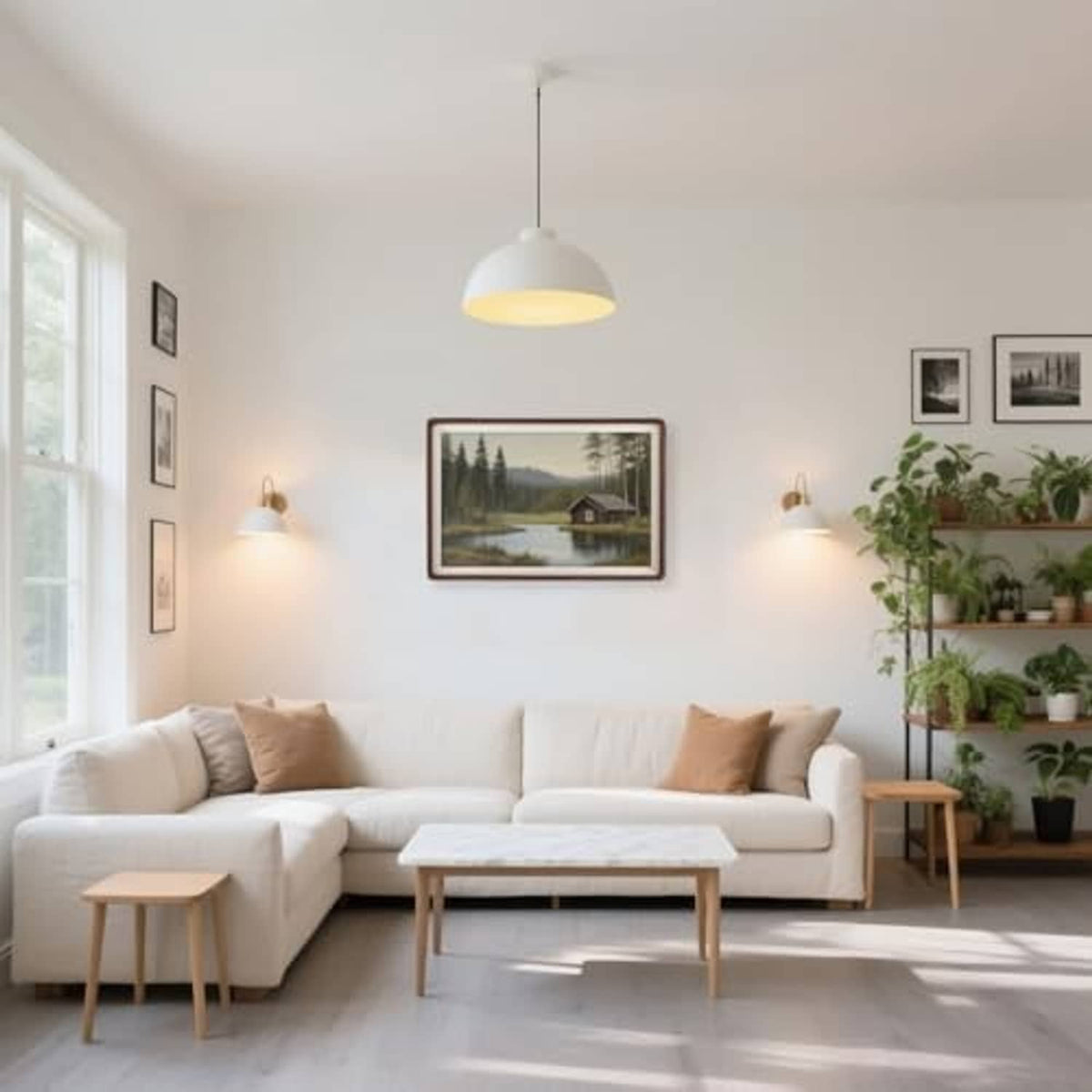 Walnut picture frame above a sofa, displaying a landscape print on the wall