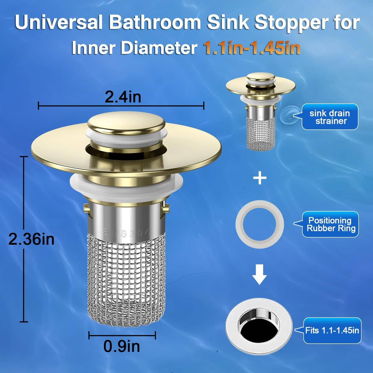 Brushed gold sink drain strainer with removable mesh screen basket, single unit