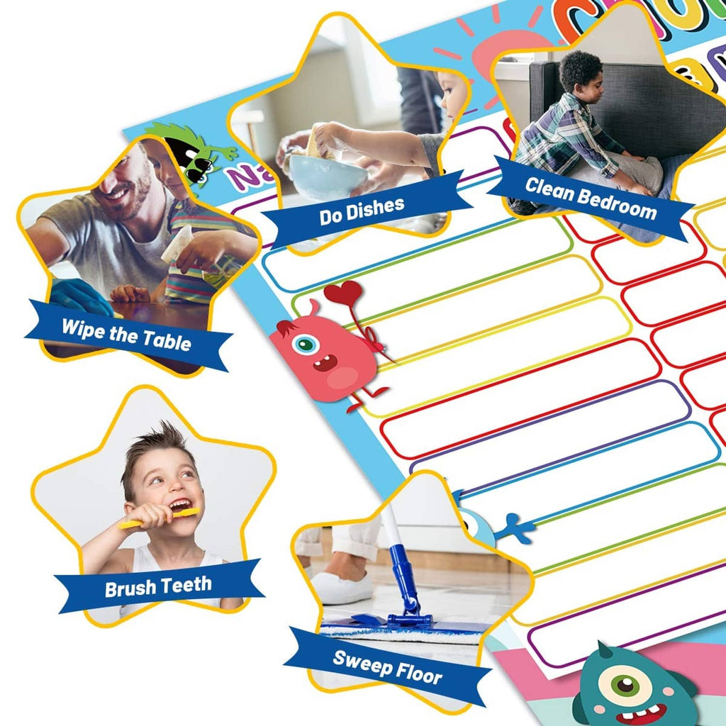 Dry-erase chore chart with weekly boxes and home task labels around it