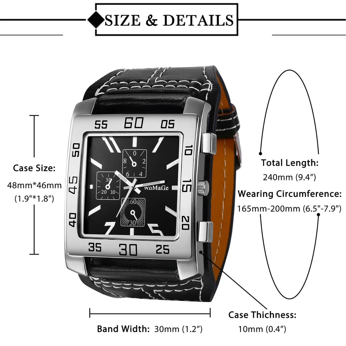 Square watch size chart with case size, band width, and total length measurements