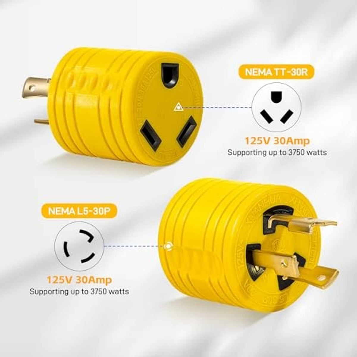 Yellow RV twist-lock adapter showing male and female connector ends