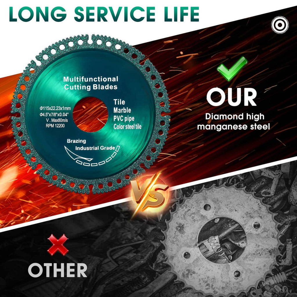 Green diamond cutting disc with serrated edge, long service life text and center hole