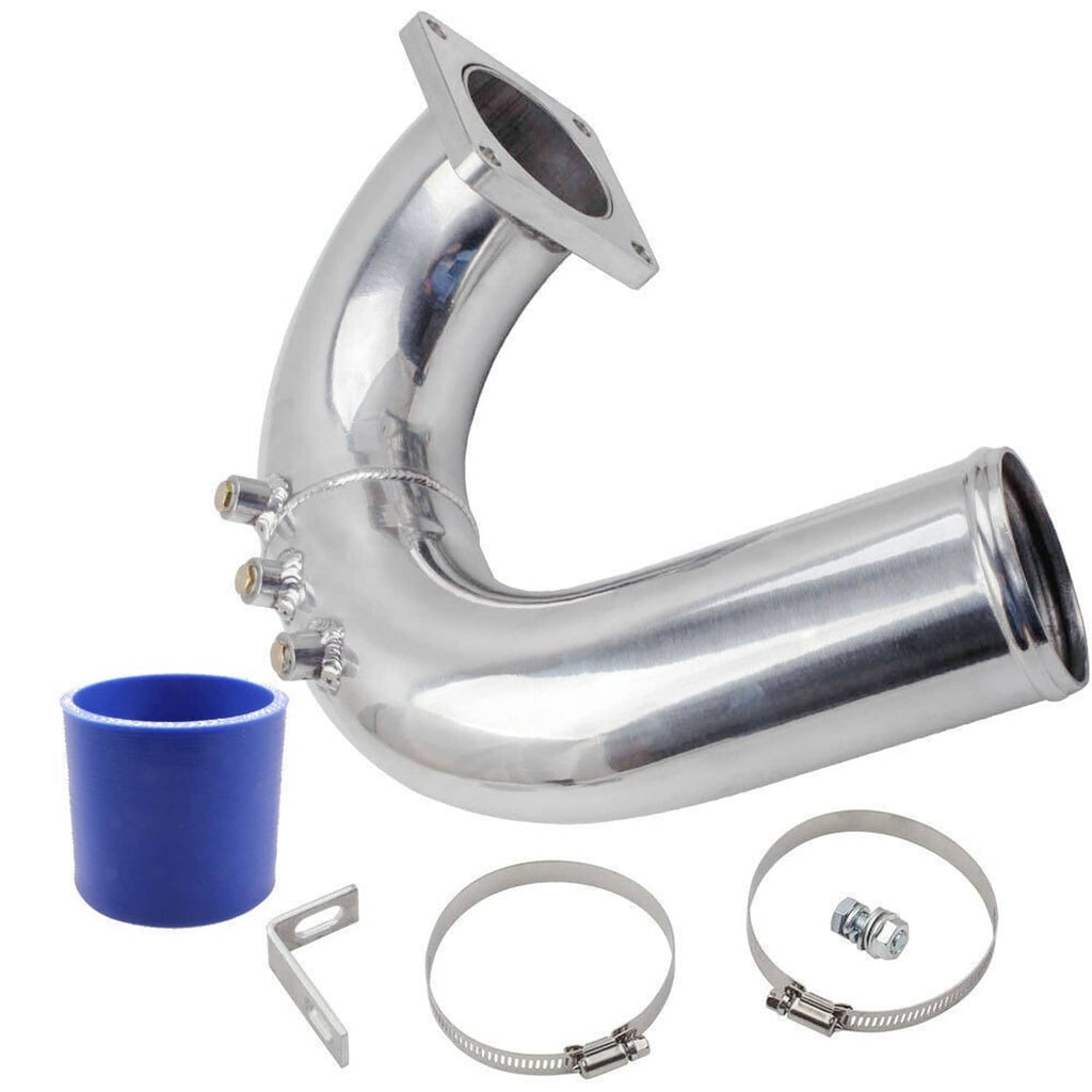 Polished stainless intake elbow tube with round flange mount, blue silicone coupler and hardware