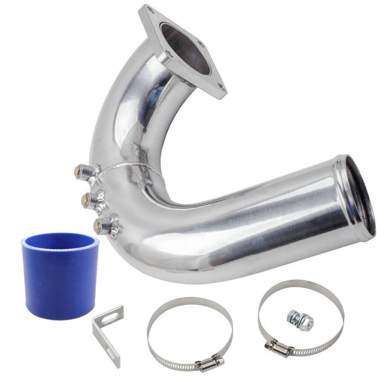 Polished stainless intake elbow tube with round flange mount, blue silicone coupler and hardware