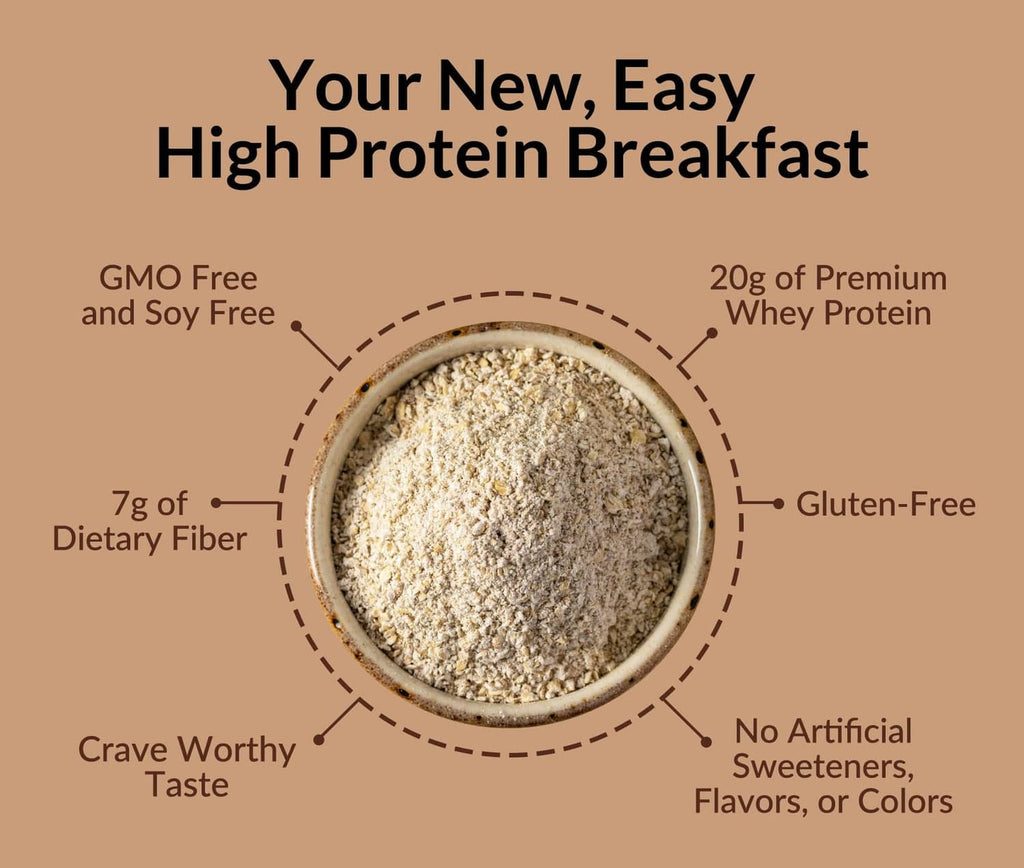 Naked Oats serving infographic with bowl of beige powder and gluten-free callouts
