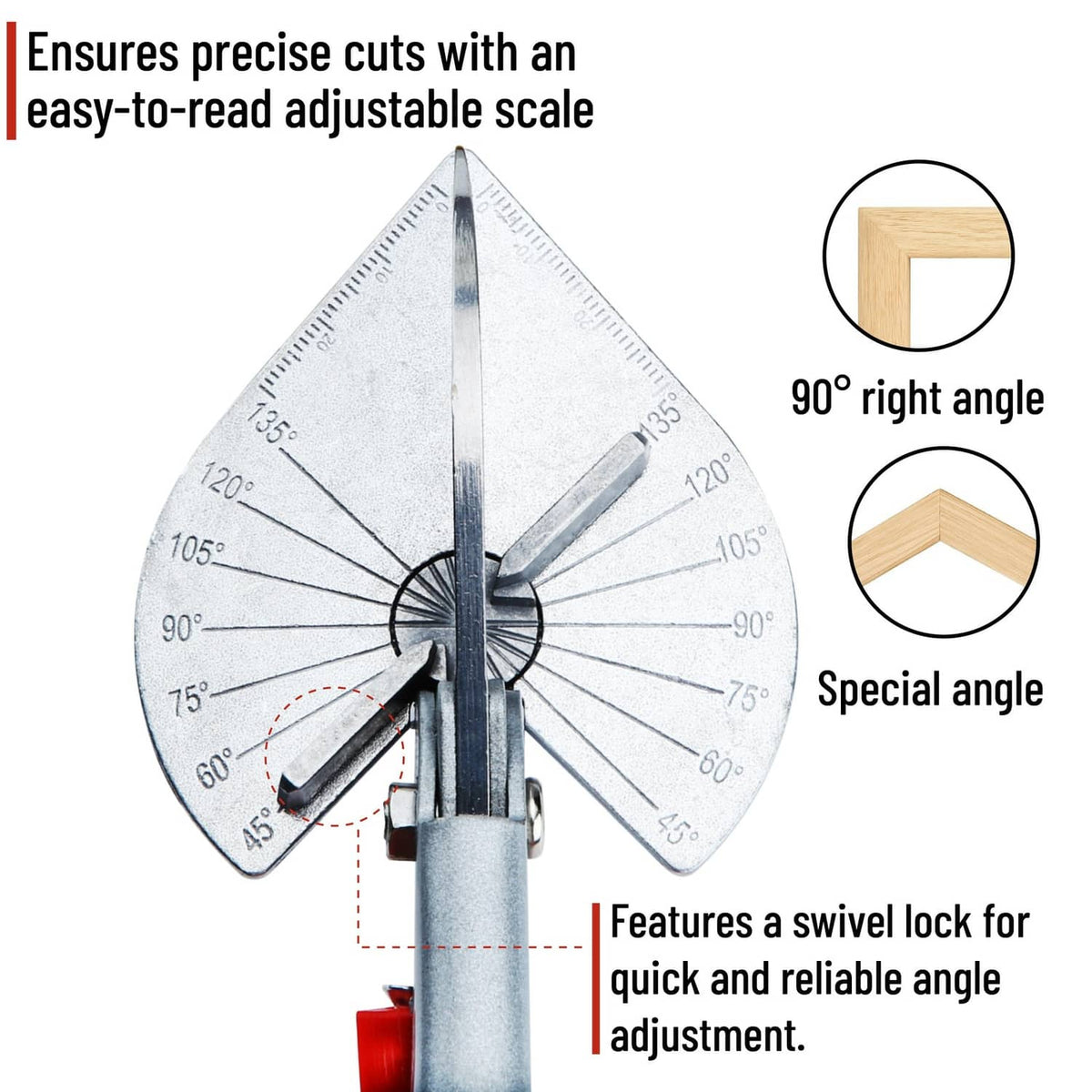 Adjustable miter shears with easy-to-read angle scale and swivel lock for quick setup