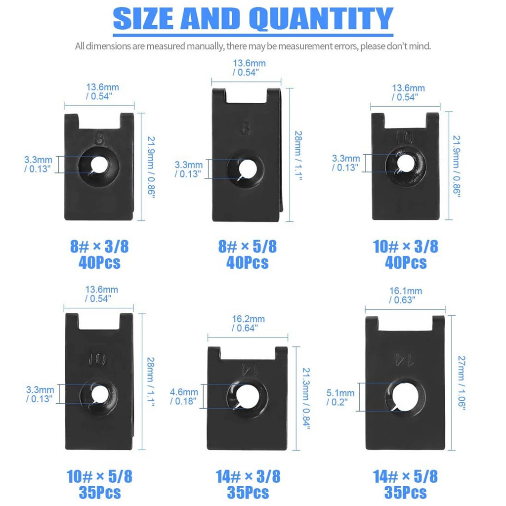 Diagram of black U-nut clips showing 3 hole sizes and quantities