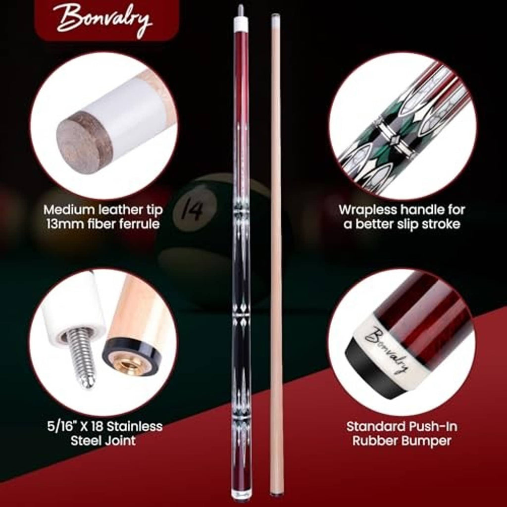 Pool cue with medium leather tip, steel joint, and rubber bumper; close-up product feature view