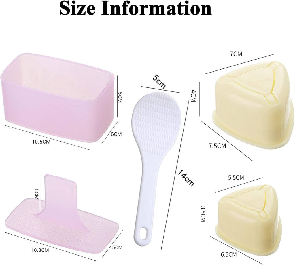 Onigiri mold tools shown with triangle press molds and ridged rice paddle