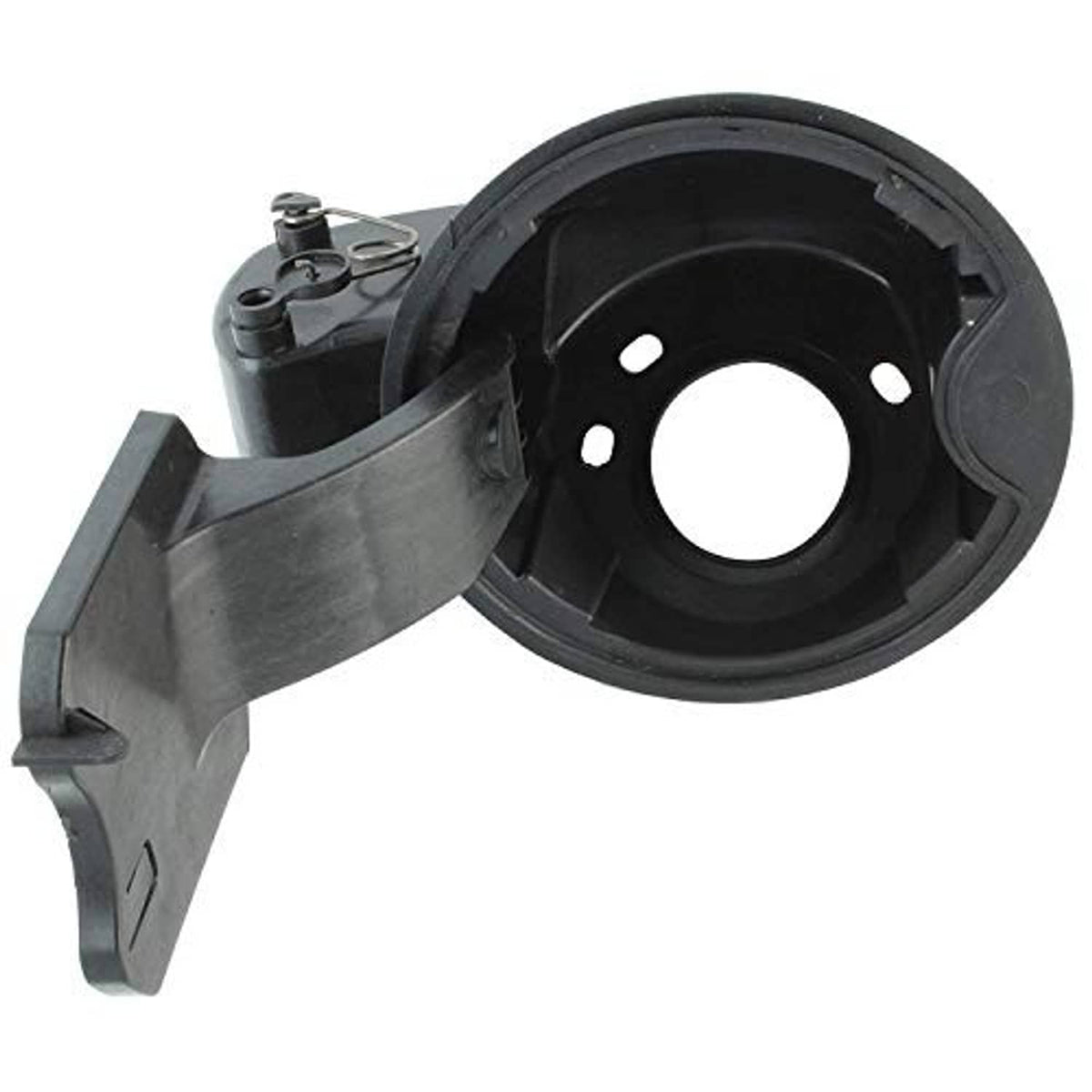 Fuel filler door housing pocket assembly, gray bracket with black circular mounting ring