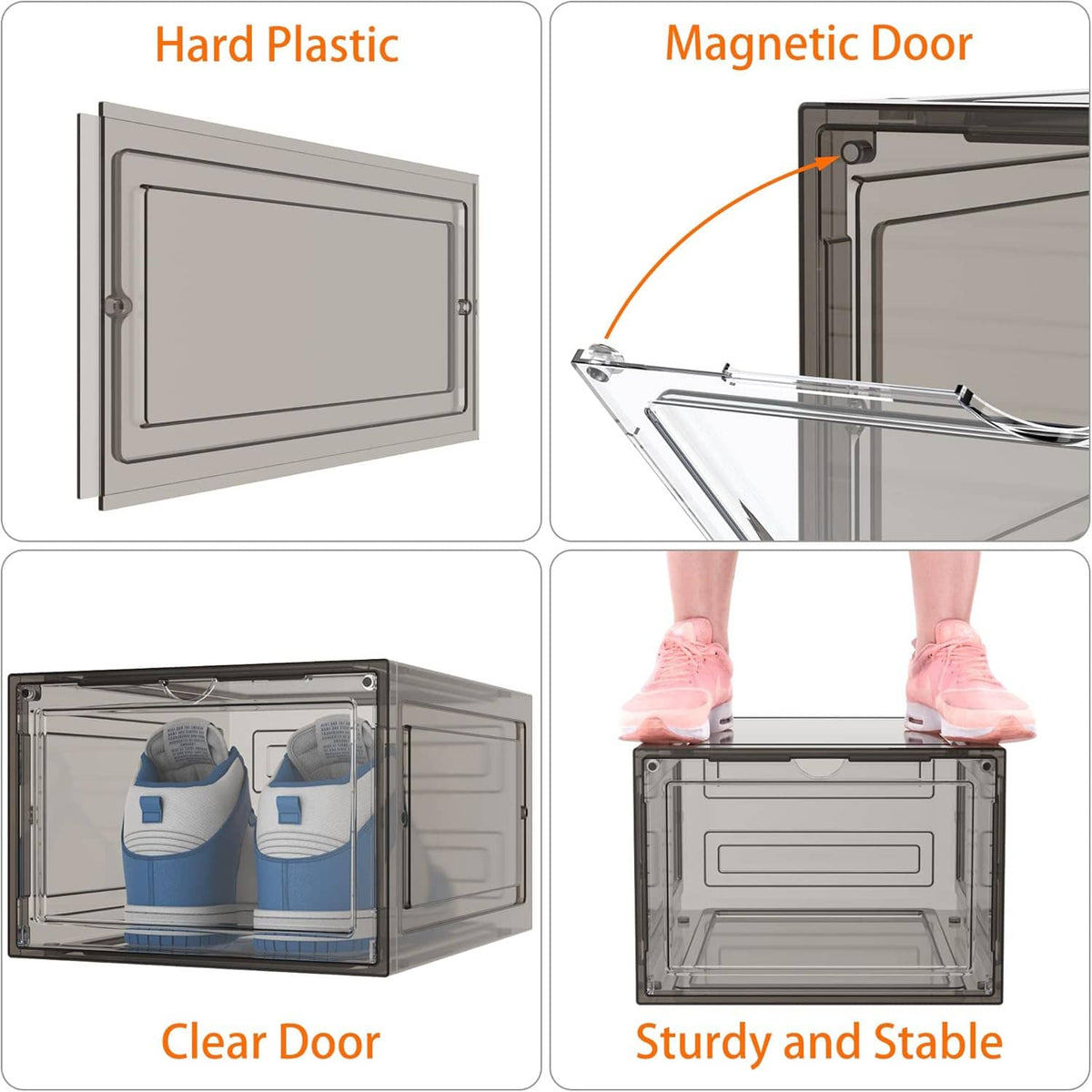 Clear hard-plastic shoe box with magnetic door, sturdy hinge, and reinforced side frame