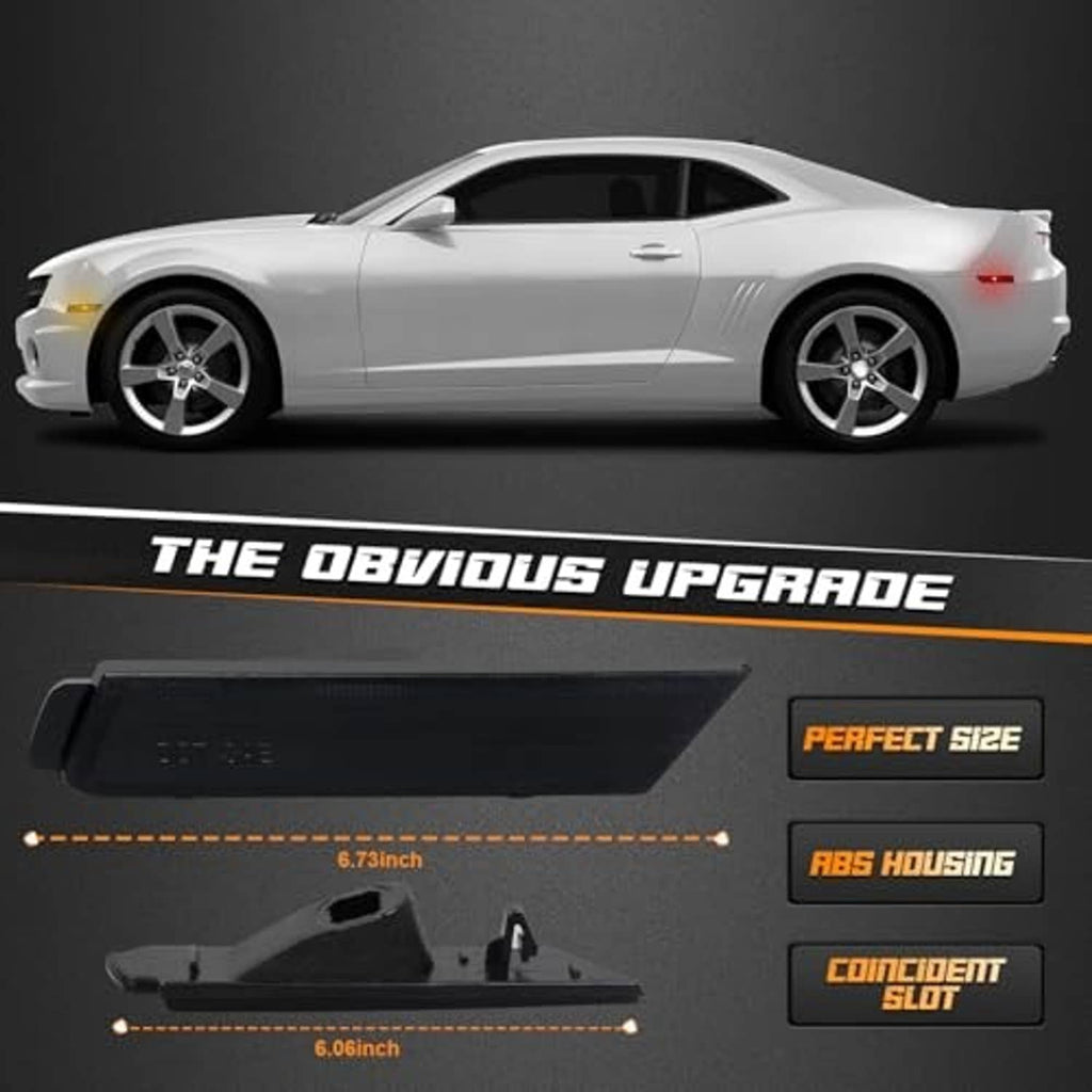 Smoked black side marker light lens mounted on white car bumper, red LED style