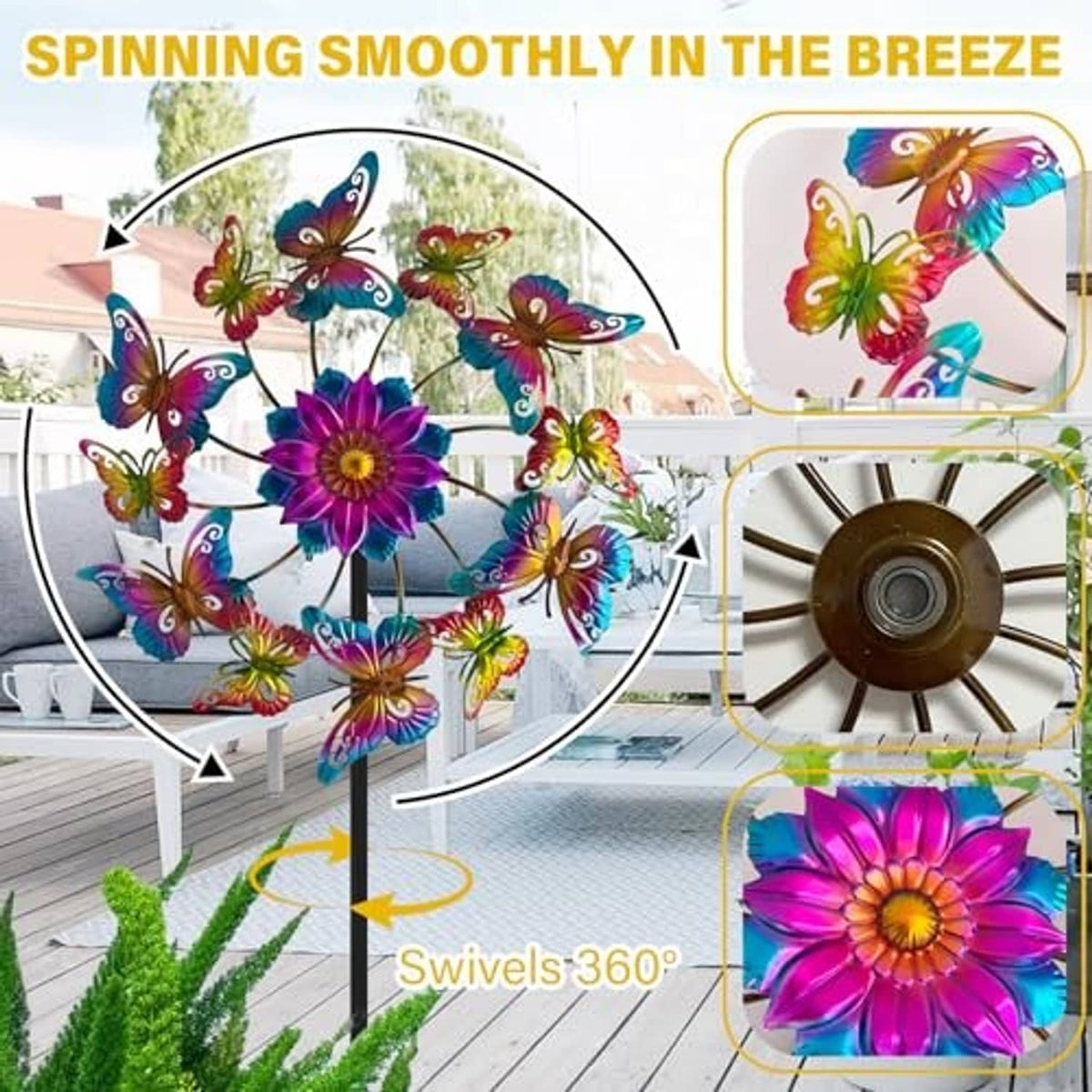 Colorful butterfly wind spinner with flower center, swivels smoothly for spinning in breeze