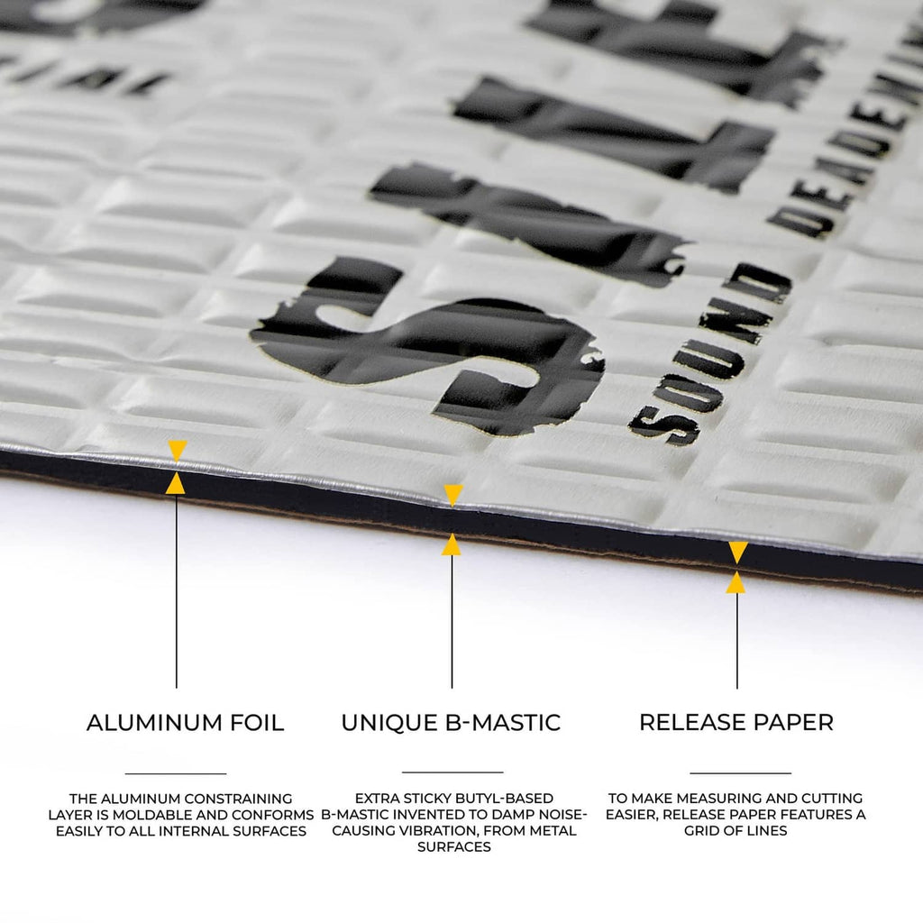 Car sound deadening mat layer view with silver foil top and black butyl base