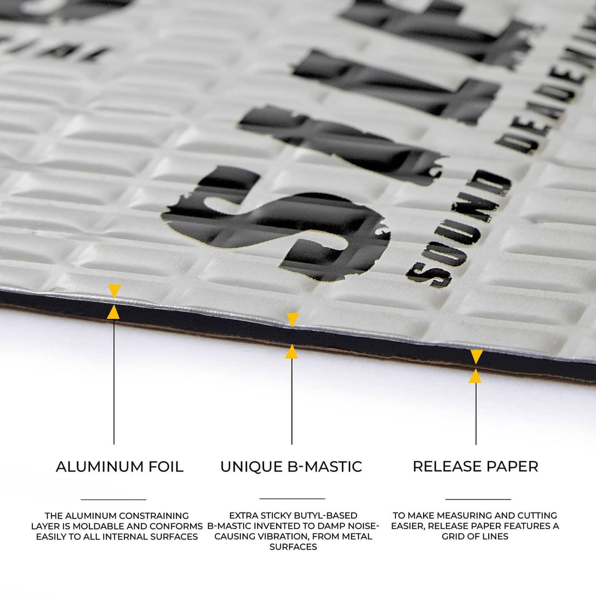 Car sound deadening mat layer view with silver foil top and black butyl base