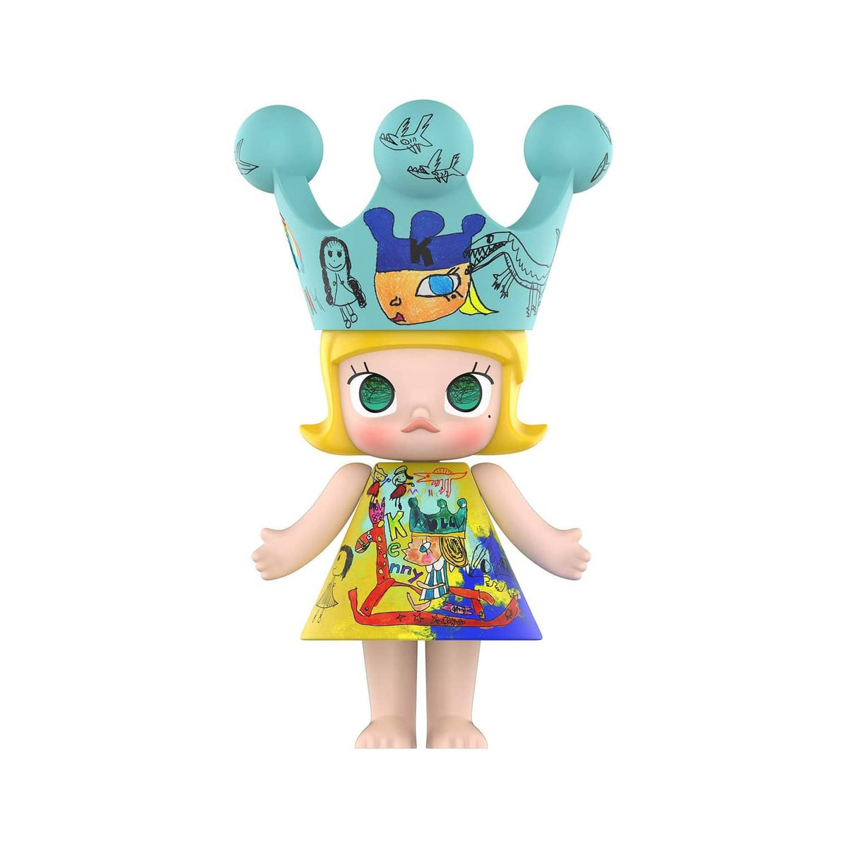 Royal Molly collectible doll with teal crown and yellow bob, multicolor graphic dress