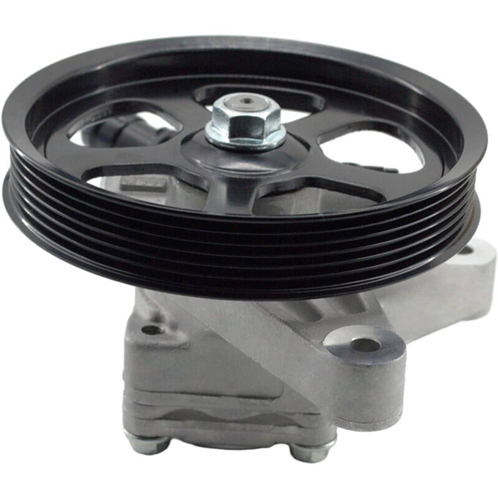 Power steering pump with black drive pulley and silver mounting bracket