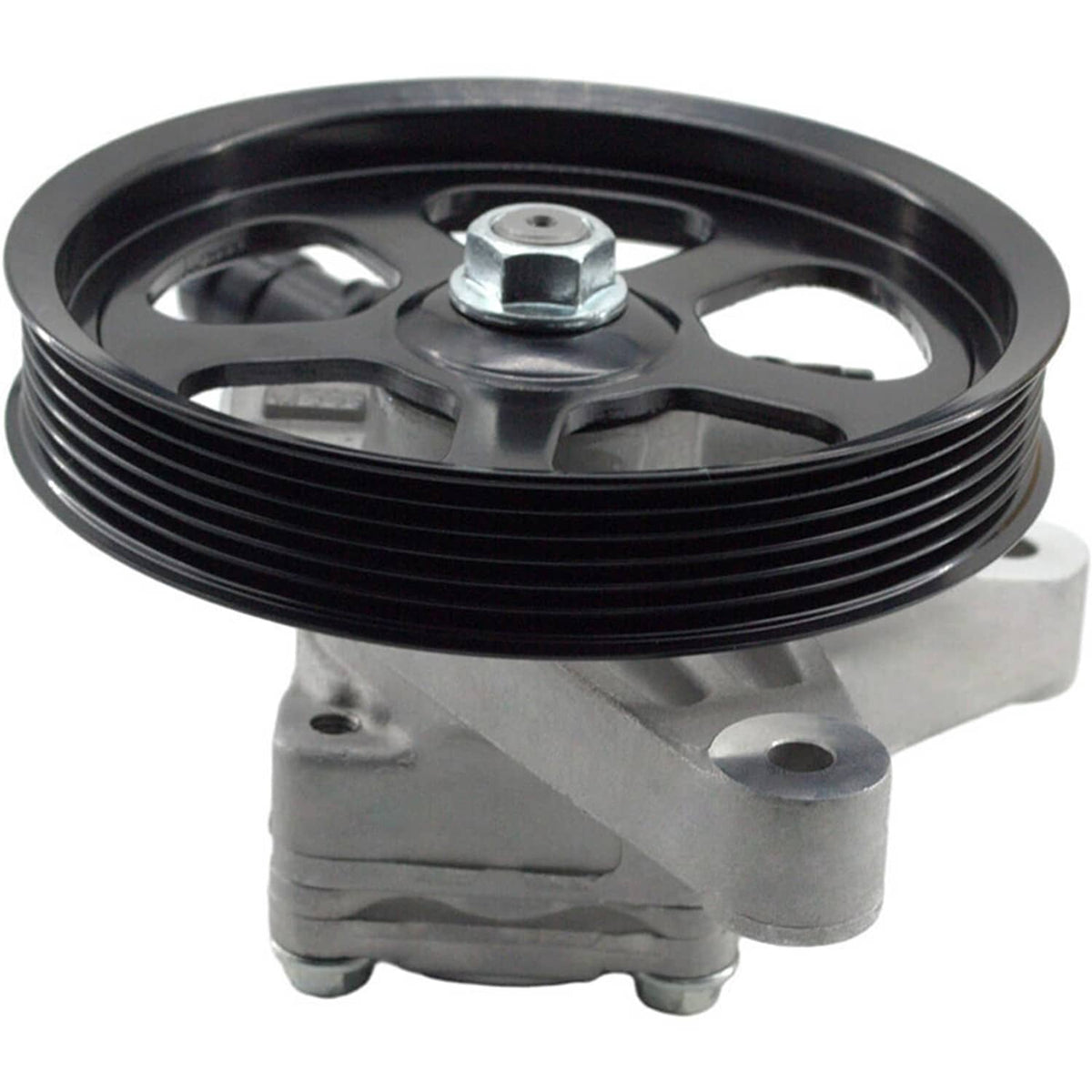Power steering pump with black drive pulley and silver mounting bracket