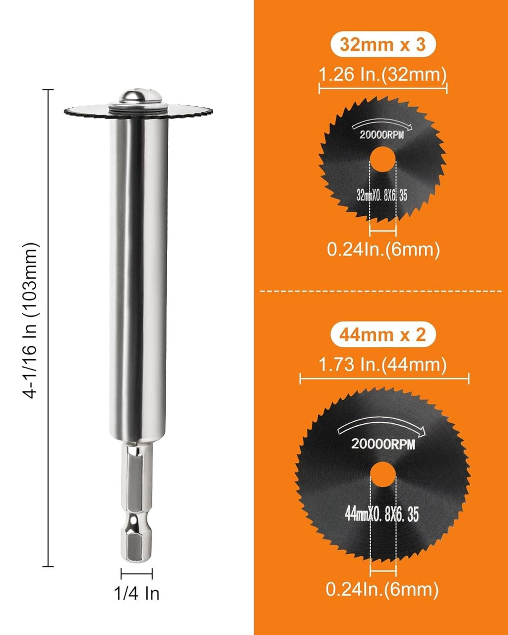 Inside pipe cutter bit with 1/4 in shank, shown with blade size measurements