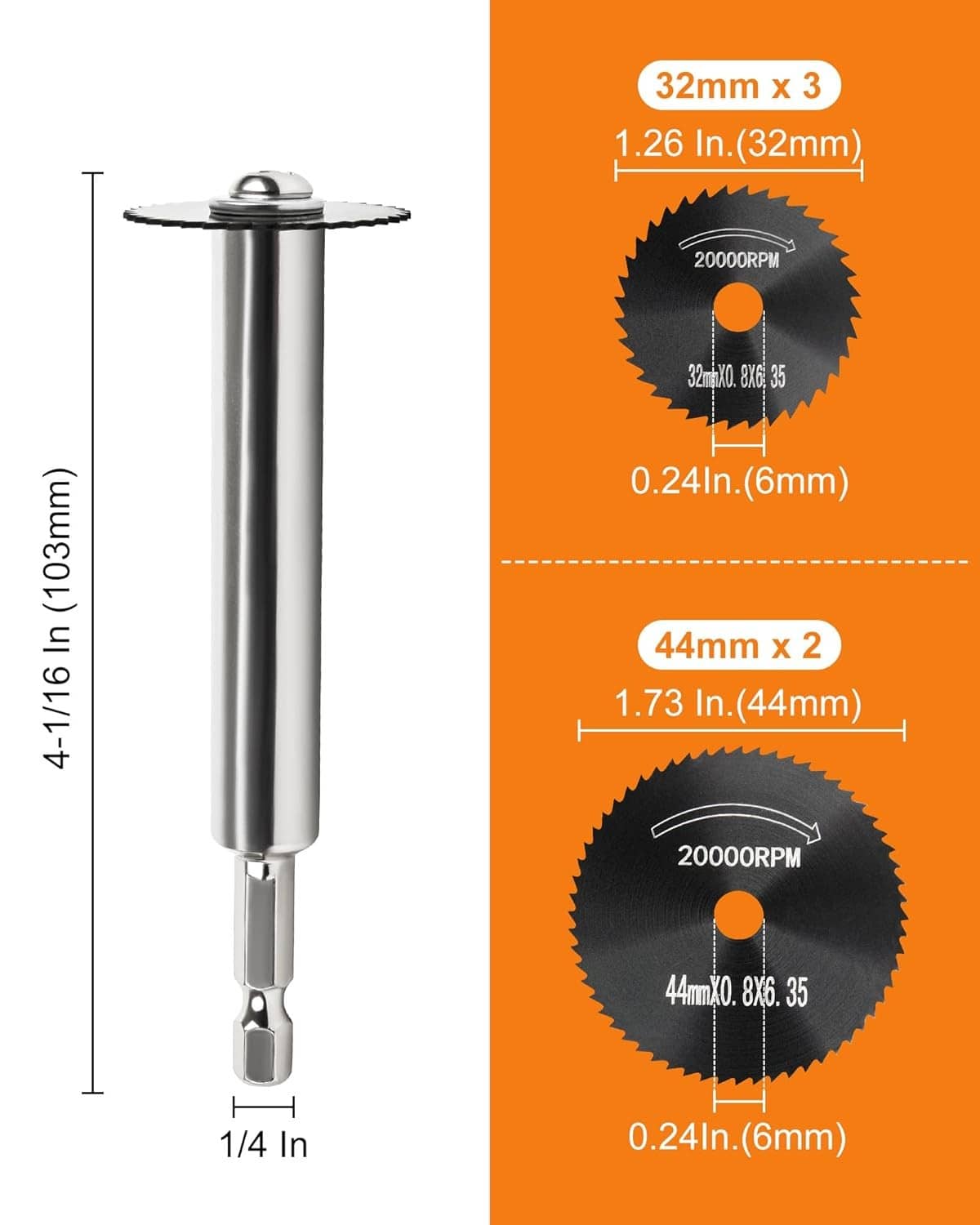 Inside pipe cutter bit with 1/4 in shank, shown with blade size measurements