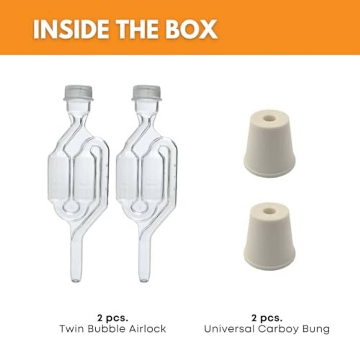 Fastrack twin bubble airlock and universal carboy bung, clear parts with tan bungs (2-pack)