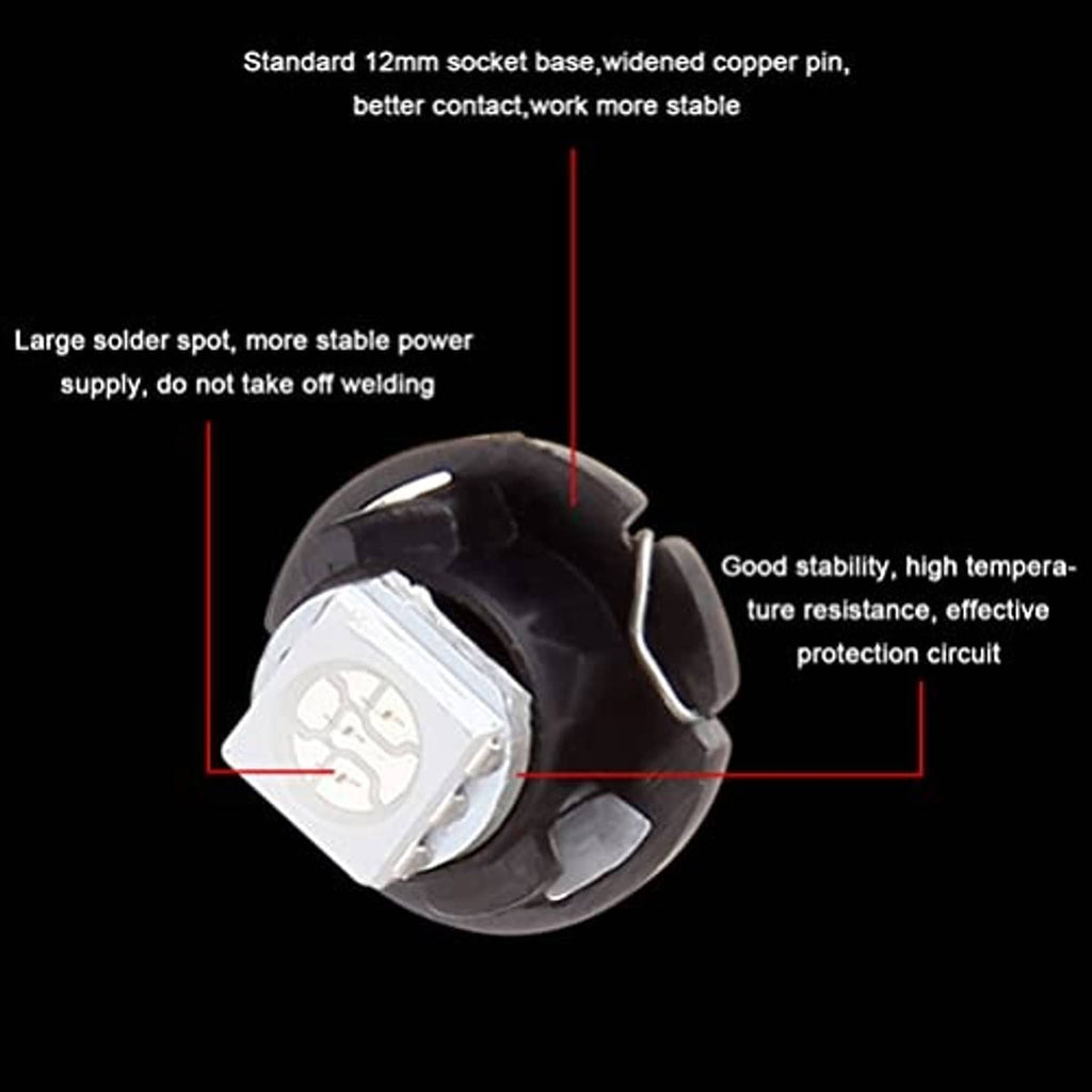LED wedge bulb with black housing, white square chip, and two metal base pins