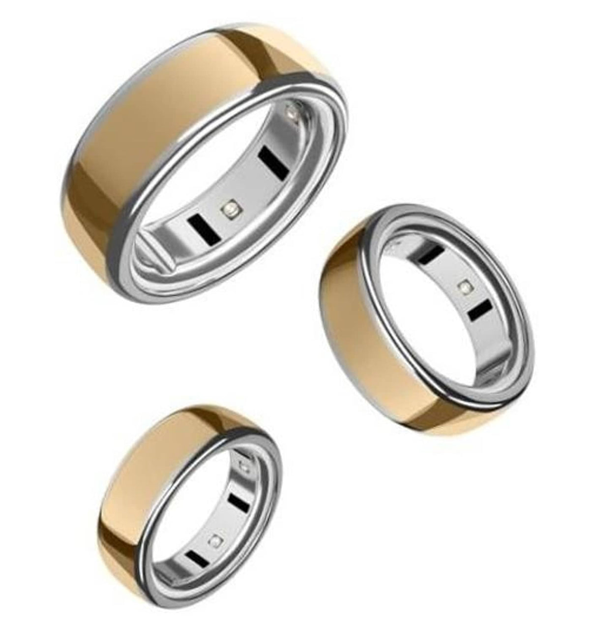 Silver ring cover set of three, with inner sensor windows, angled view