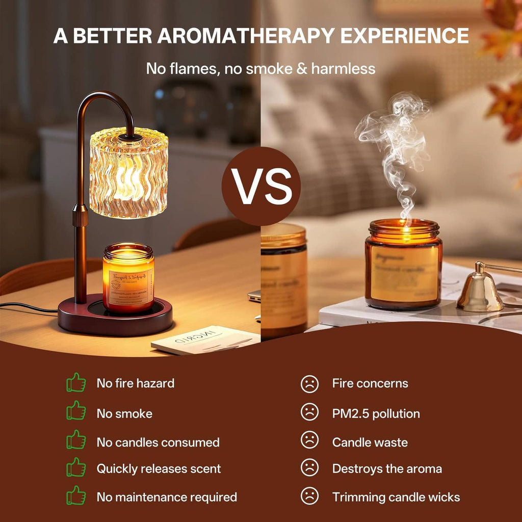 Black candle warmer lamp with glowing lantern shade and jar candle on tabletop