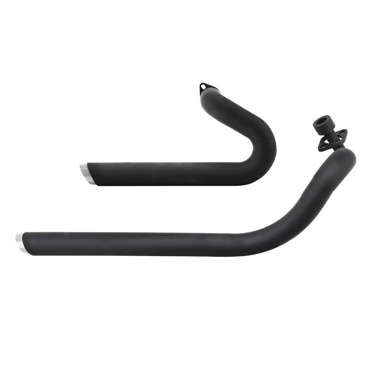 Black exhaust muffler pipes with silver end caps and two silencer cans