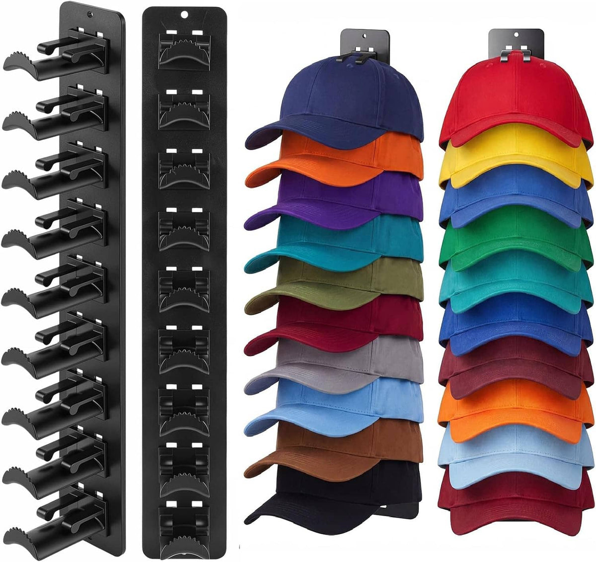 Black cap organizer set with stacked assorted-color baseball caps on two vertical panels