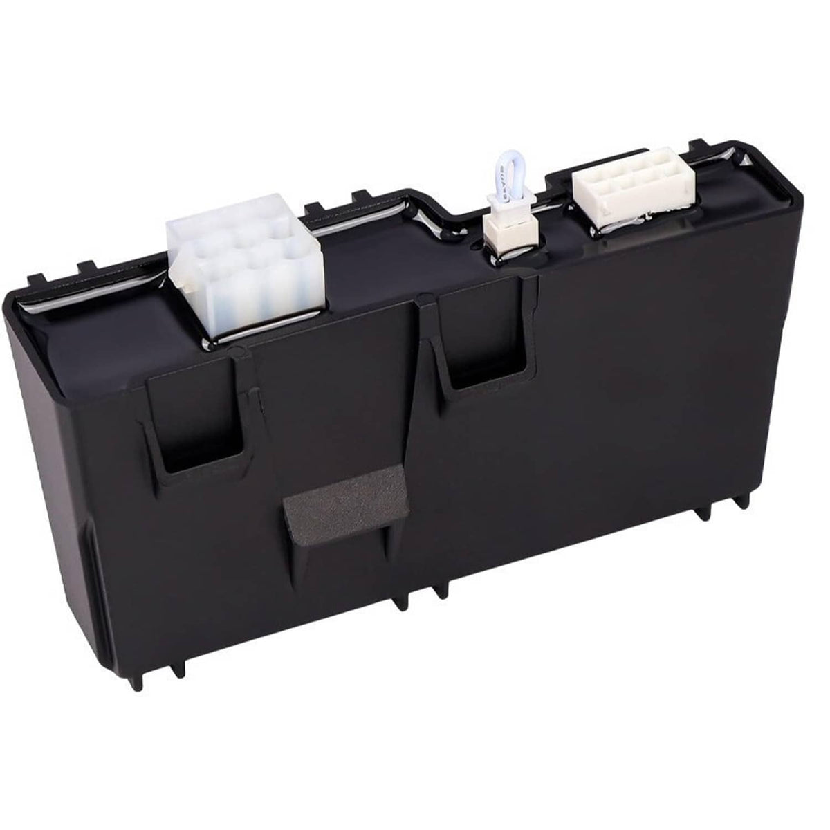 Black power control module with two white multi-pin connectors and wiring clips