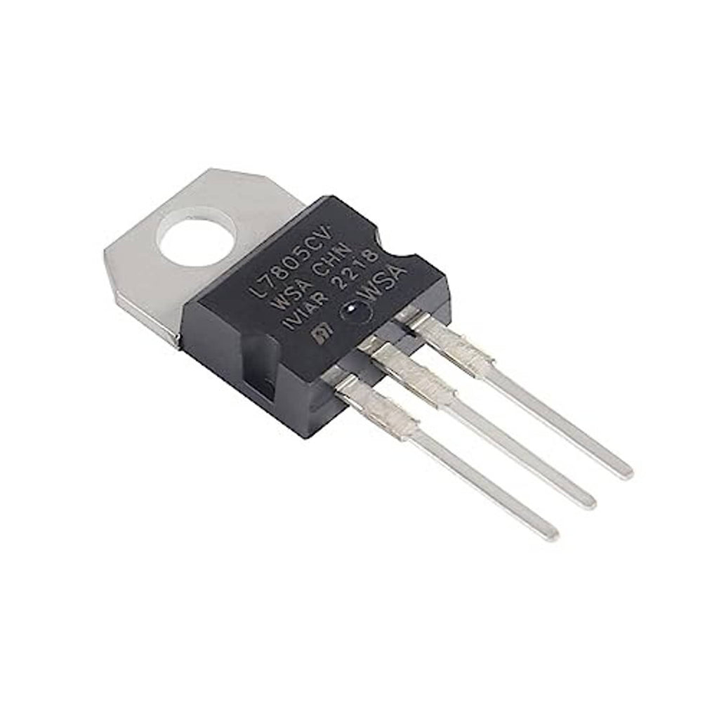 L7805CV 5V regulator IC with metal tab mounting hole, angled view, 3 solder pins