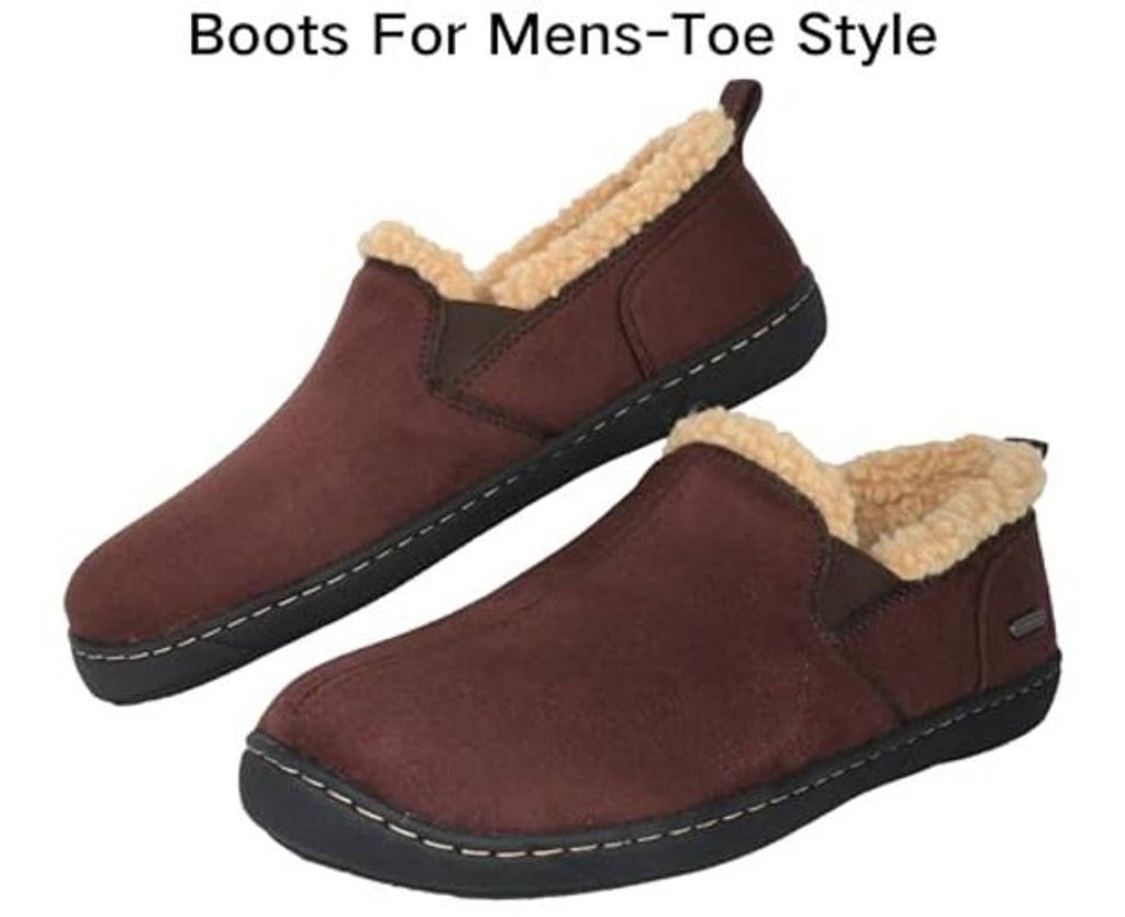 Burgundy slip-on moc-toe slippers with tan sherpa-style lining and dark rubber sole