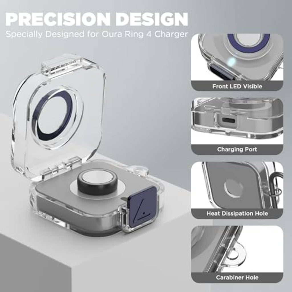 Clear protective charger case detail view with gray base, blue lock tab, and port openings