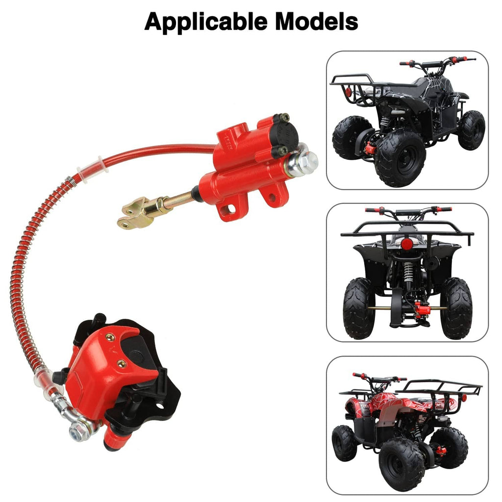 Red brake caliper and master cylinder kit with brake line and applicable ATV model graphics