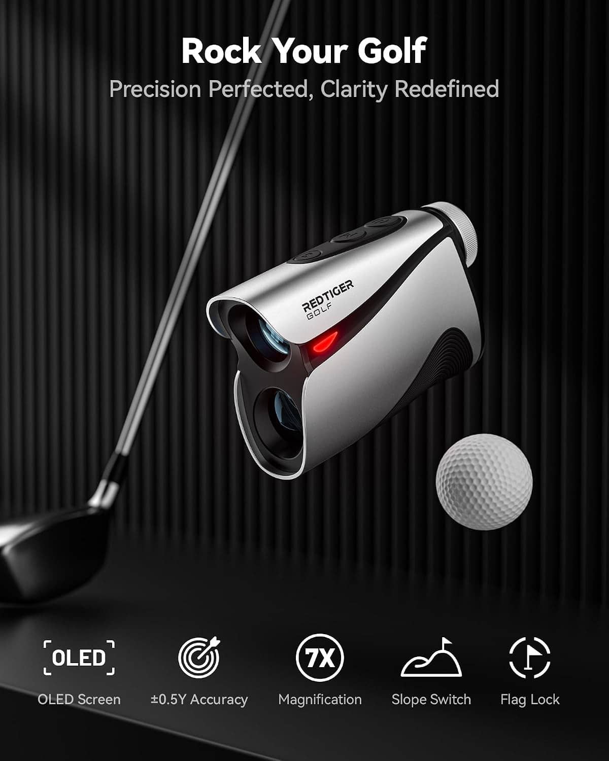 Golf laser rangefinder with OLED view window, silver and black body, red glow