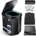 Portable adult toilet with open lid, black carry case, waste bags, and foldable seat pad