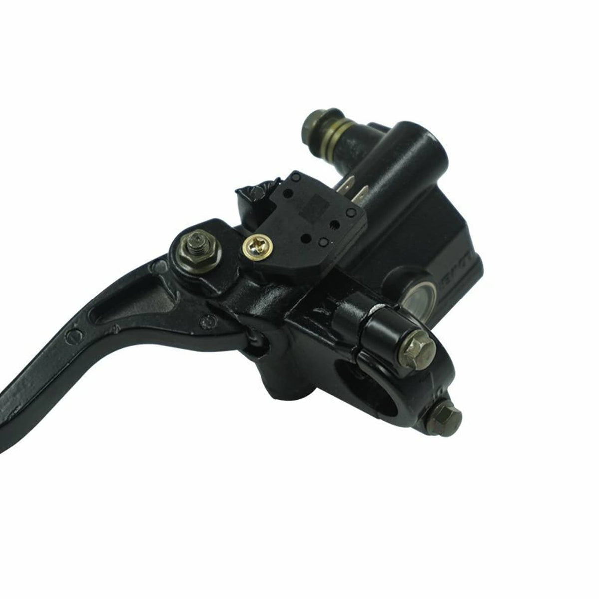 Front brake master cylinder lever, close-up of black hydraulic body and mounting area