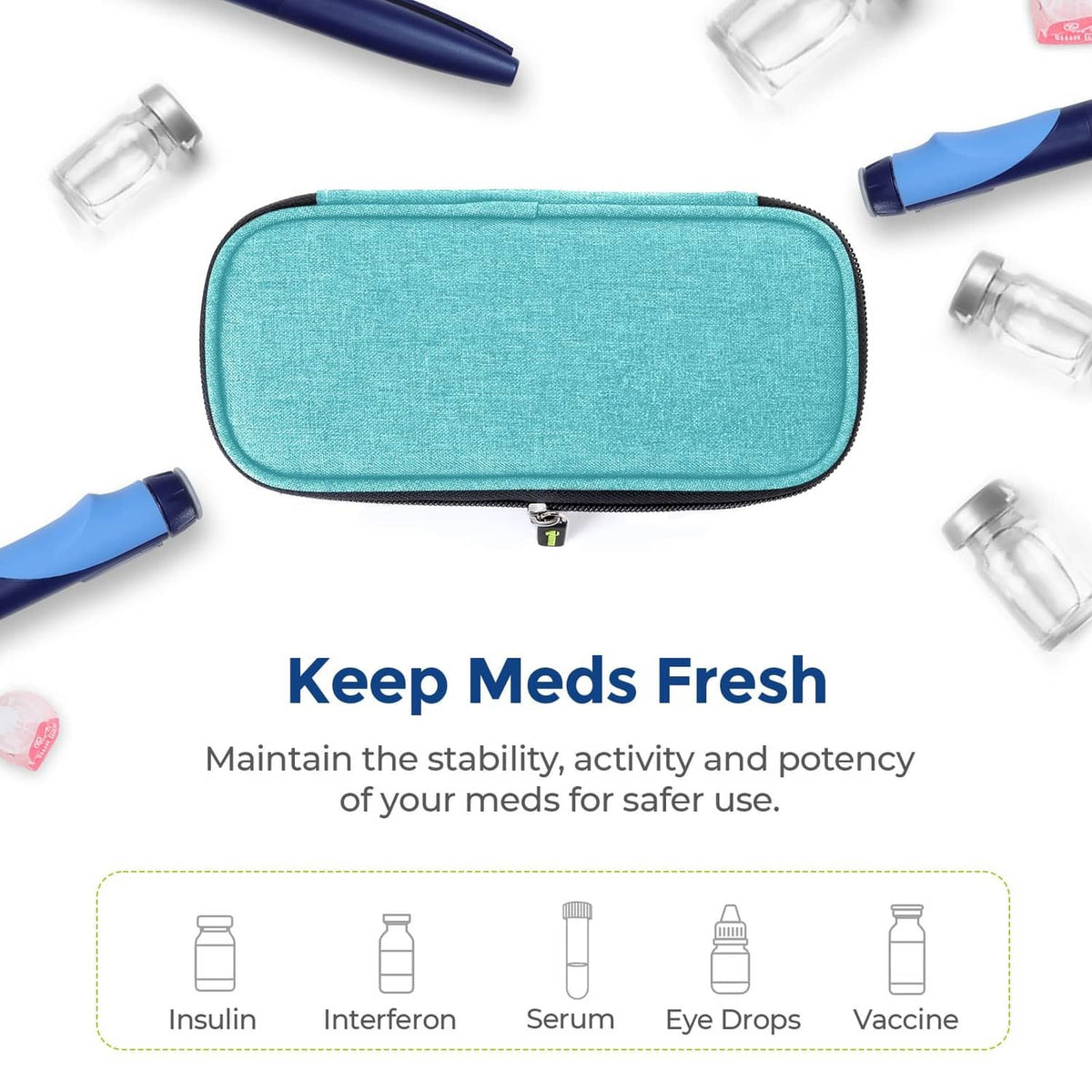 AUVON teal insulin cooler travel case closed with zipper, on a clean surface