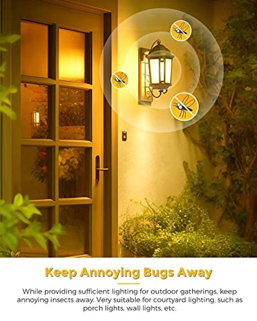 Outdoor wall light fixture with yellow bug-repellent LED glow from the bulb