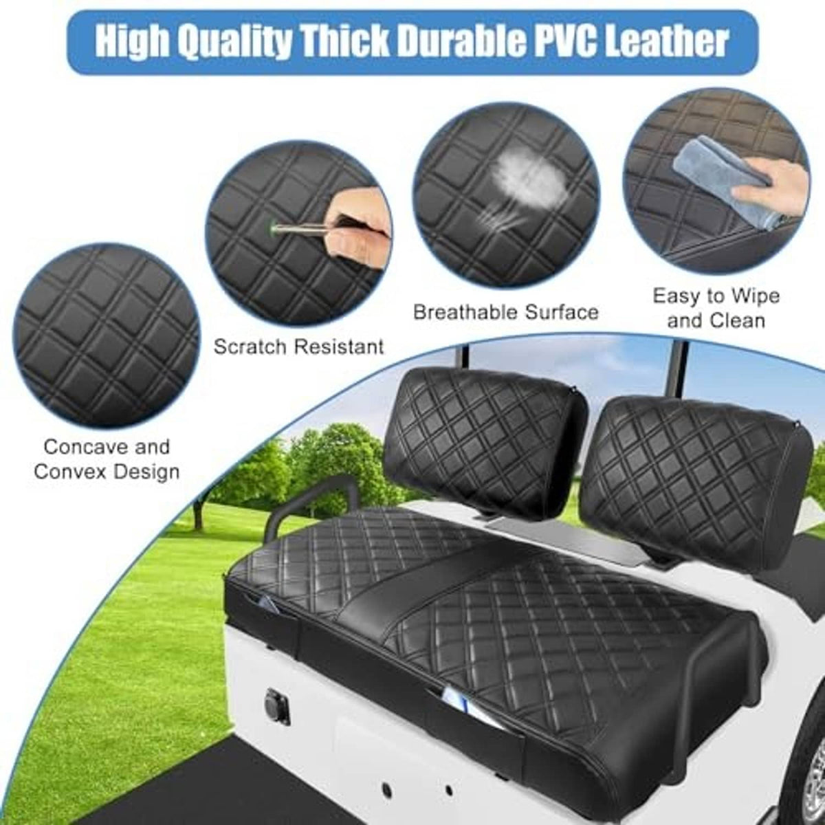 Black quilted PVC leather seat cover set with diamond pattern and easy-clean design