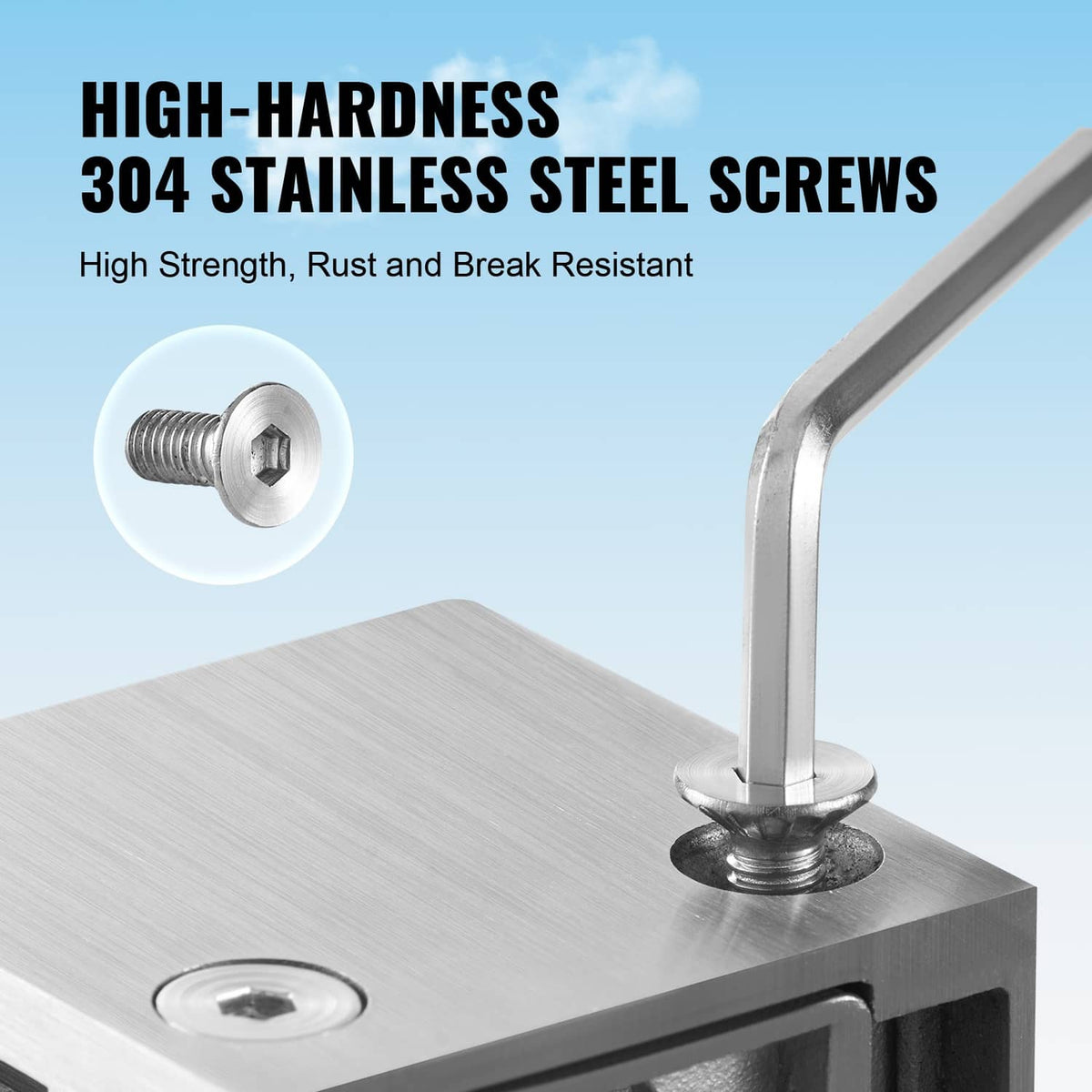 Brushed silver glass clamp with 304 stainless screw and black rubber gasket pad