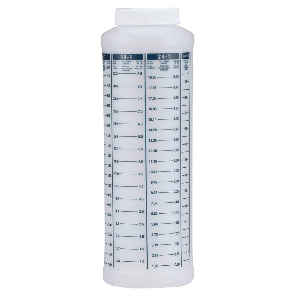 White 1-quart wide-mouth fuel and oil mixing bottle, blue measurement markings