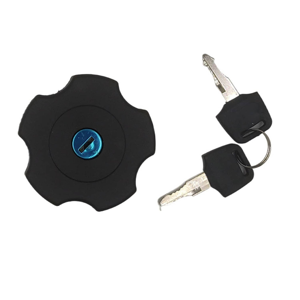 Black fuel tank cap with blue key slot and two metal keys with black fobs