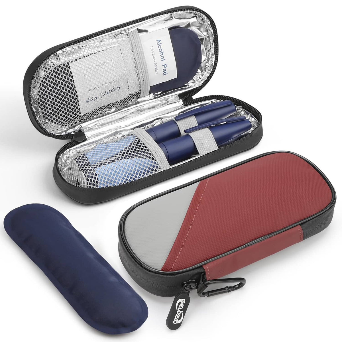 Red and gray insulin cooler case with foil-lined compartments and blue reusable packs, open