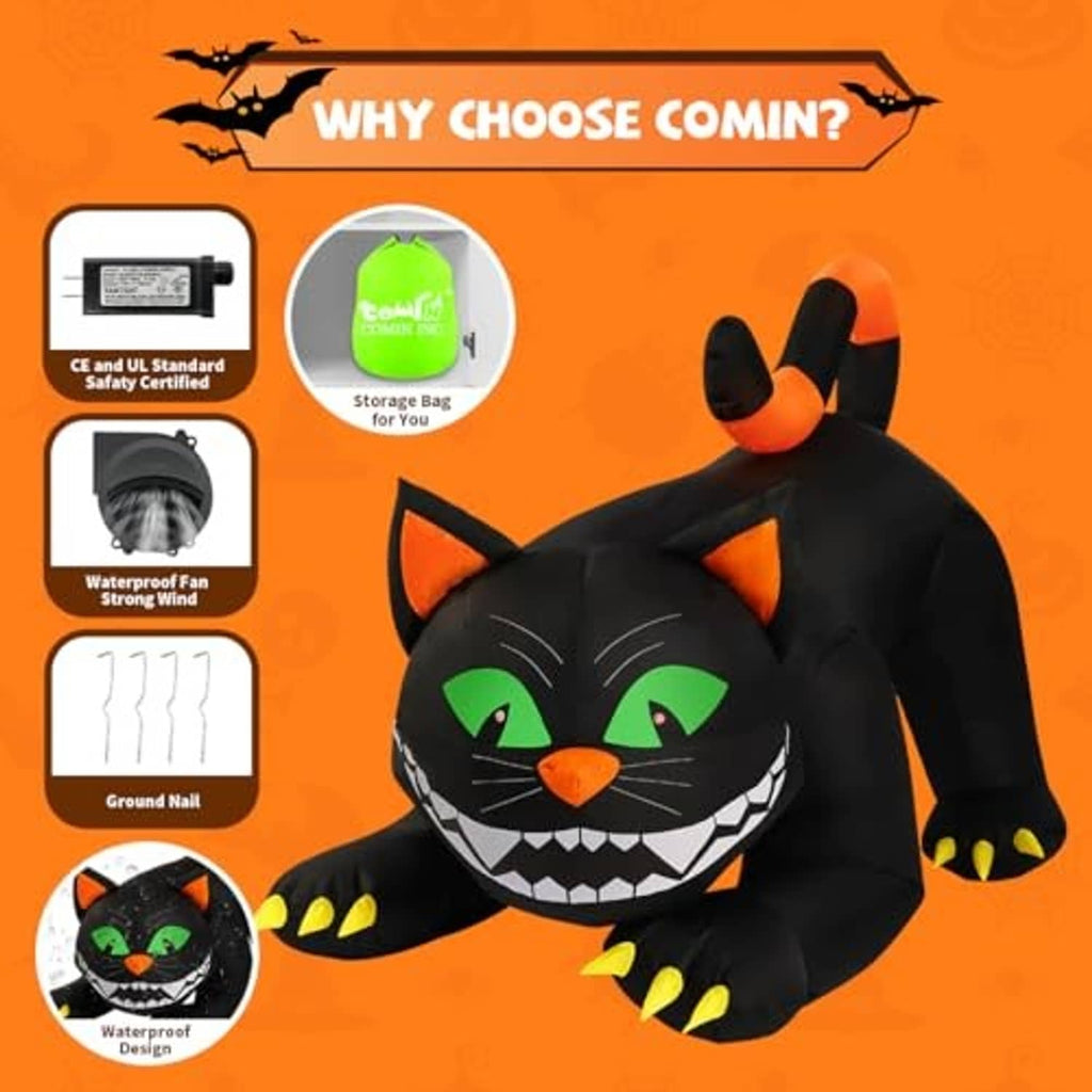 Inflatable black cat yard decoration with orange ears and glowing green eyes