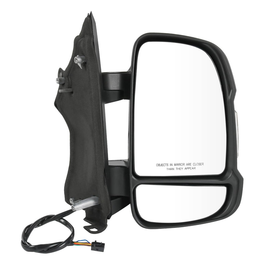 Right passenger door mirror assembly with black cover and attached wiring harness