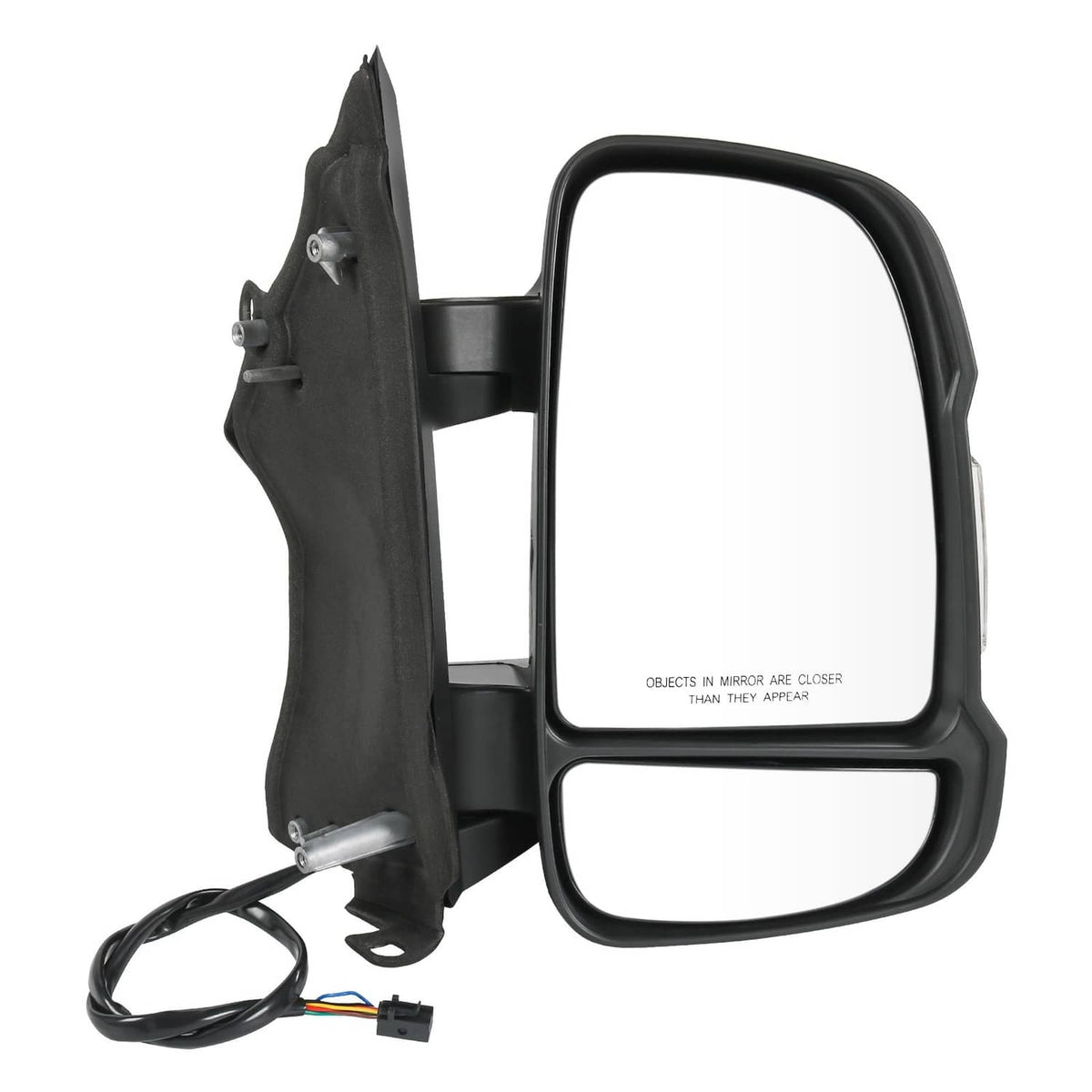 Right passenger door mirror assembly with black cover and attached wiring harness