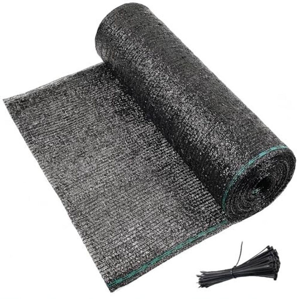 Dark gray shade cloth net roll with green-trim edge and included tie bundle
