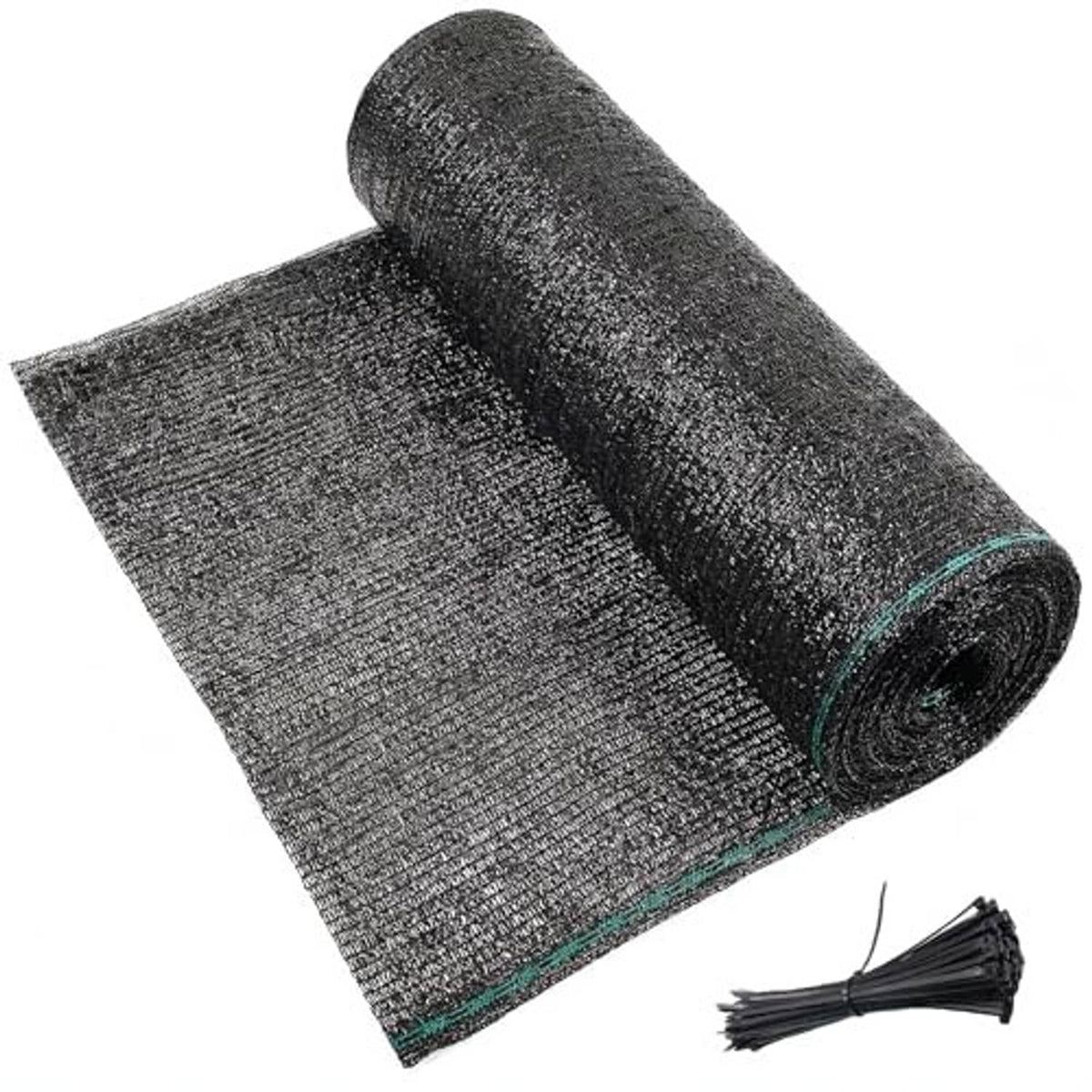 Dark gray shade cloth net roll with green-trim edge and included tie bundle
